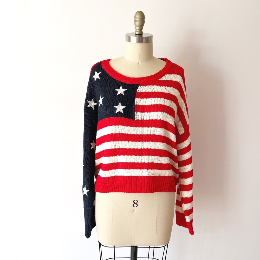 Francesca's Mi Ami Sweater Red White Blue American Flag Stars Stripes Large